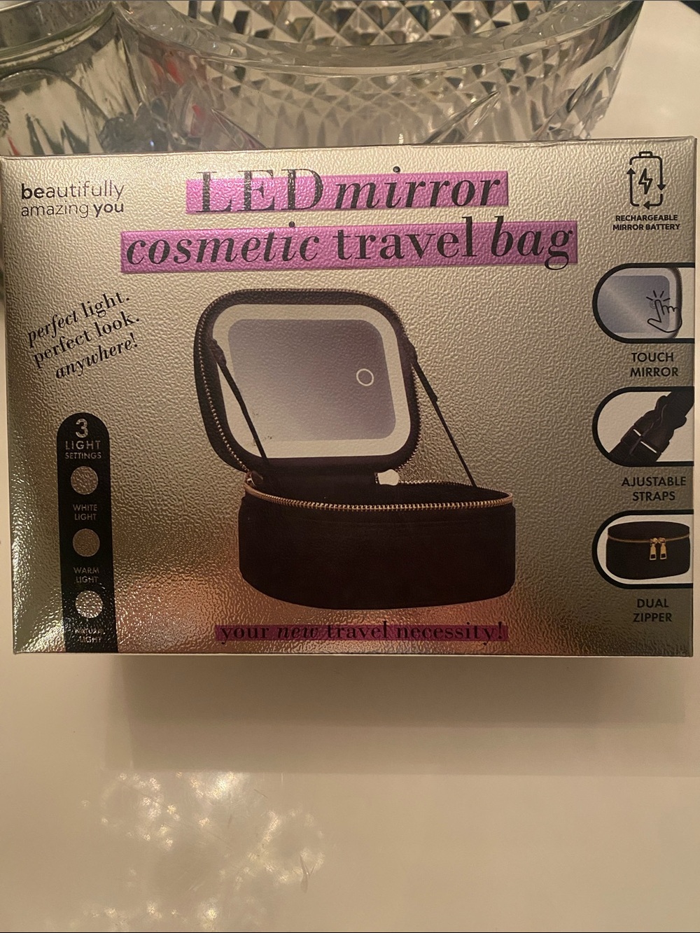 LED Mirror Cosmetic Travel Bag with Touch Light - Black